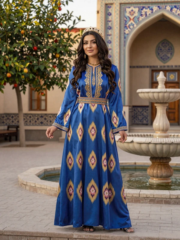 Beautiful Tajik woman in elegant traditional sapphire blue atlas silk dress with ikat patterns standing in a courtyard with Persian tilework and apricot trees