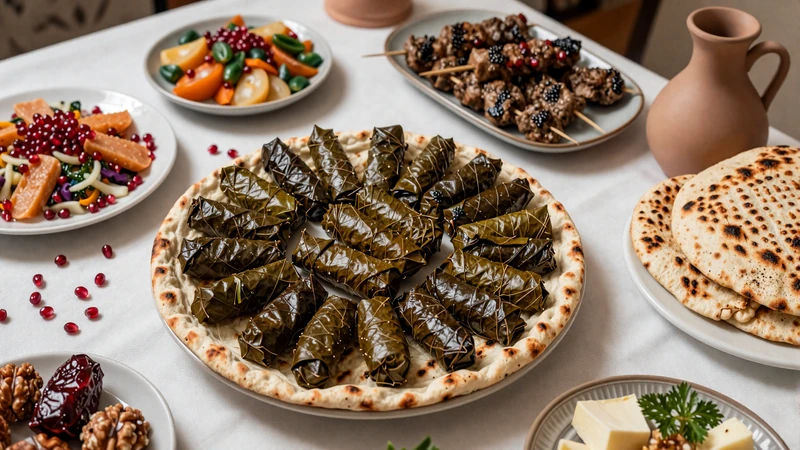 Traditional Armenian feast featuring dolma, lavash bread, khorovats barbecue, pomegranate and wine arranged on a festive table