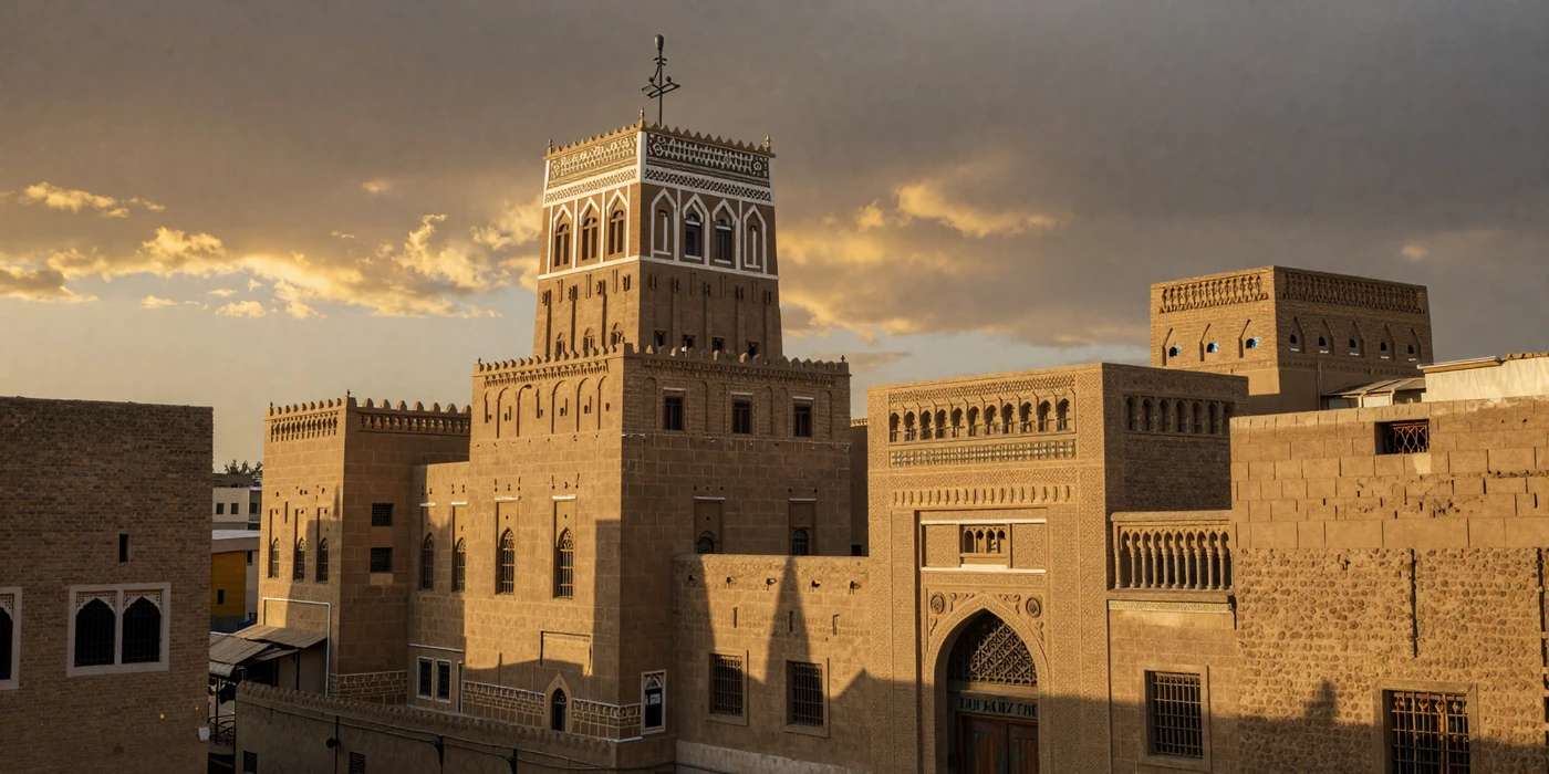 Ancient tower houses of Old Sana'a Yemen with ornate geometric decorations at golden hour representing Yemeni cultural heritage