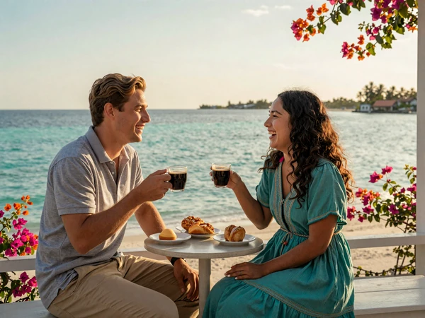 Happy cross-cultural couple enjoying Timorese coffee together on a seaside terrace overlooking turquoise tropical waters