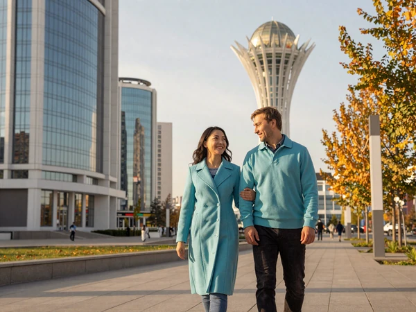 Happy cross-cultural couple walking together in Astana with futuristic Bayterek tower in background on a golden autumn day