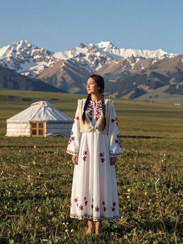 Beautiful Kyrgyz woman in traditional embroidered dress standing in an alpine meadow with Tian Shan mountains and a yurt in the background