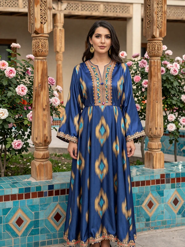 Beautiful Uzbek woman in elegant traditional blue atlas silk dress with ikat patterns standing in a courtyard with turquoise mosaic tiles and roses