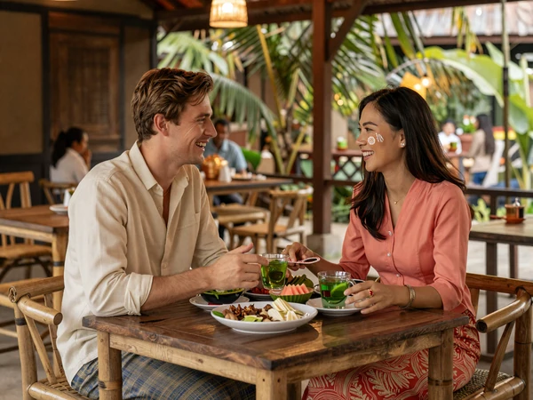 Happy cross-cultural couple enjoying Burmese mohinga and green tea together at a traditional tea shop in Myanmar