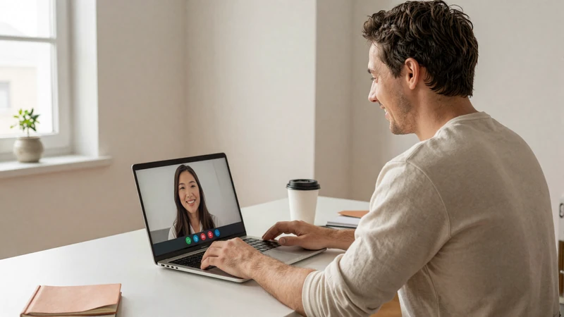 Man having a warm video call with an Asian woman on his laptop showing genuine connection