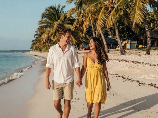 Happy cross-cultural couple walking on a white sand Philippine beach at golden hour