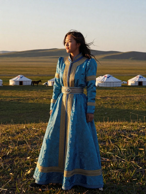 Beautiful Mongolian woman in elegant traditional sky blue deel dress standing on a green hillside overlooking the vast steppe valley with ger tents and horses