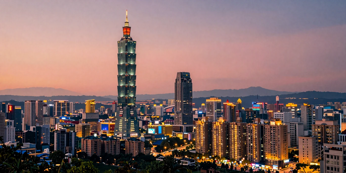 Taipei 101 skyline at twilight with vibrant neon lights from night markets and lush green mountains representing modern Taiwanese culture