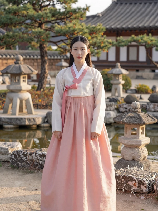 Beautiful Korean woman in modern hanbok-inspired coral outfit standing in a serene traditional Korean garden with stone lanterns and pine trees