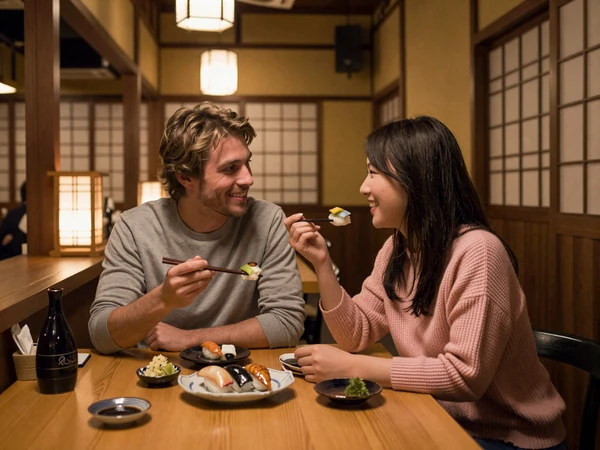 Happy cross-cultural couple enjoying sushi together at a traditional Japanese izakaya restaurant