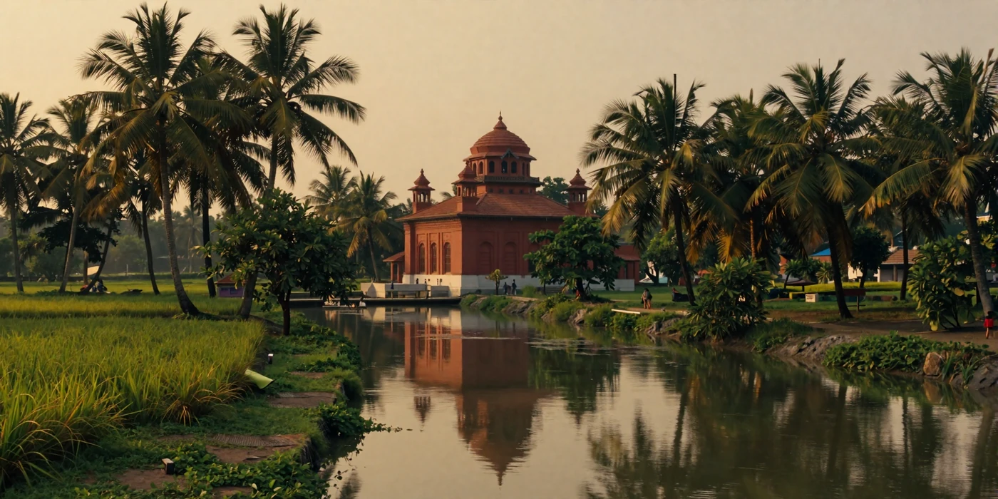 Scenic view of lush Bangladesh countryside with traditional mosque at golden hour representing Bengali culture and heritage