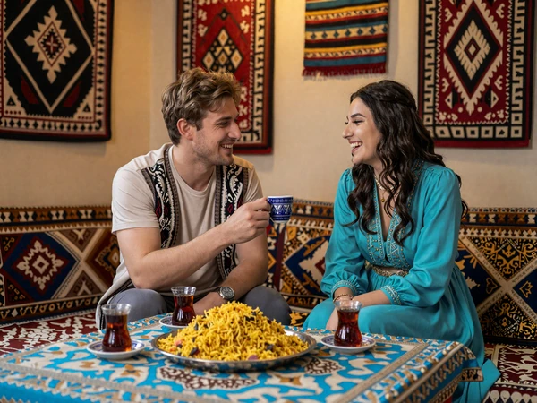Happy cross-cultural couple enjoying traditional Uzbek plov and tea together in a chaikhona teahouse with suzani textiles
