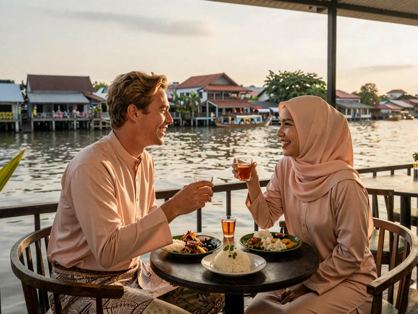 Happy cross-cultural couple enjoying Bruneian food together at a riverside cafe with Kampong Ayer water village in the background