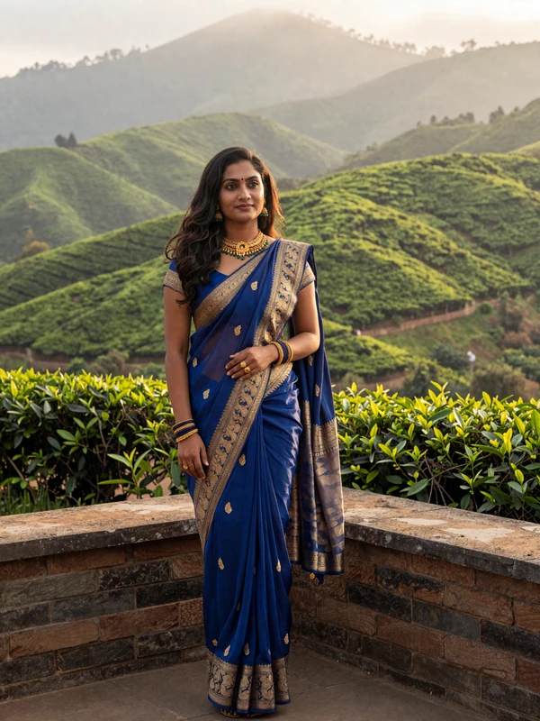 Beautiful Sri Lankan woman in elegant blue osariya saree standing on a terrace overlooking misty tea plantations representing Sri Lankan dating culture