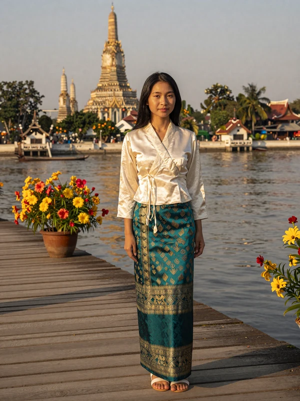 Beautiful Laotian woman in traditional teal and gold sinh skirt standing beside the Mekong River with golden temple spires in background