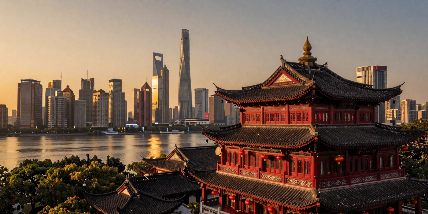 Scenic view of traditional Chinese pagoda with modern Shanghai skyline at golden hour representing Chinese culture and heritage