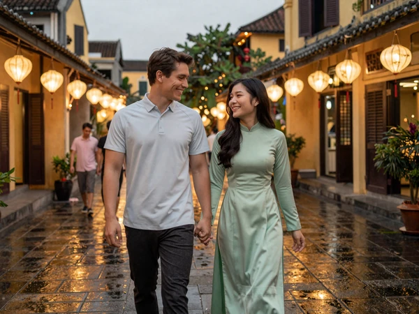 Happy cross-cultural couple walking through the lantern-lit streets of Hoi An Vietnam