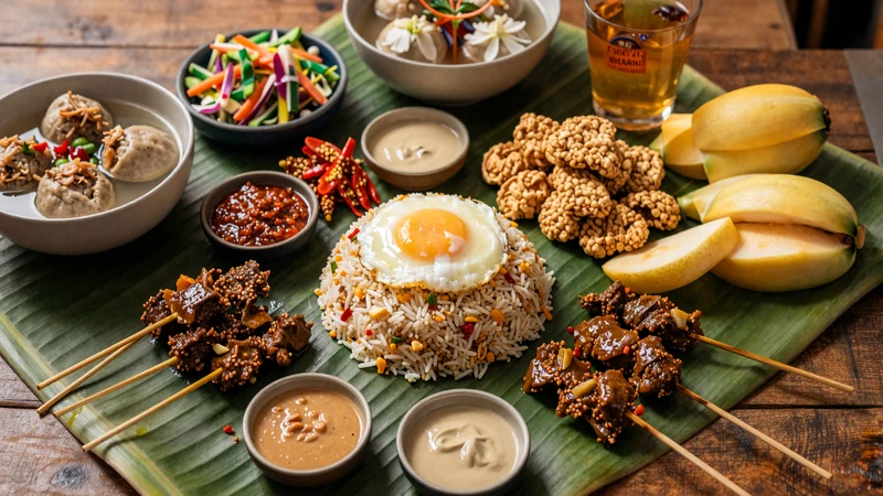 Traditional Indonesian feast featuring nasi goreng, rendang, satay with peanut sauce, gado-gado, sambal, and tropical fruits arranged on banana leaves