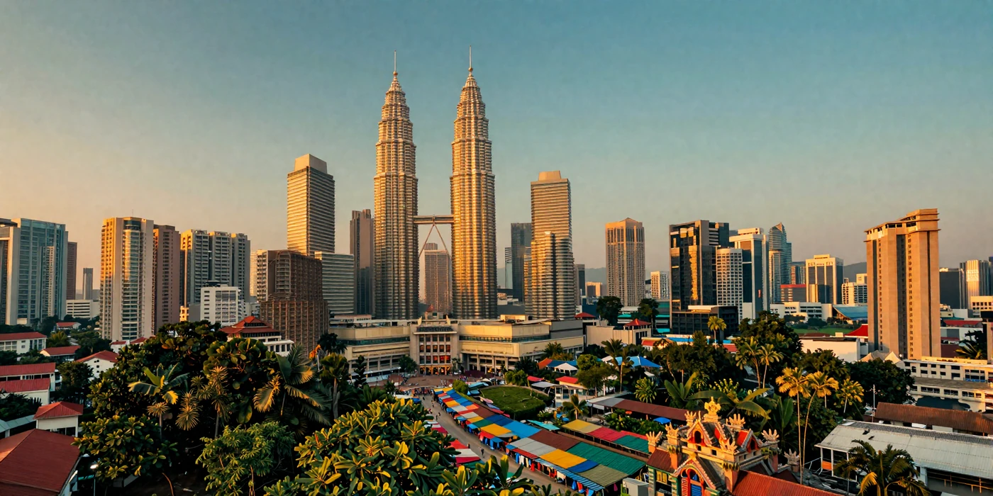 Kuala Lumpur skyline at golden hour with Petronas Twin Towers and lush tropical greenery representing Malaysia multicultural heritage