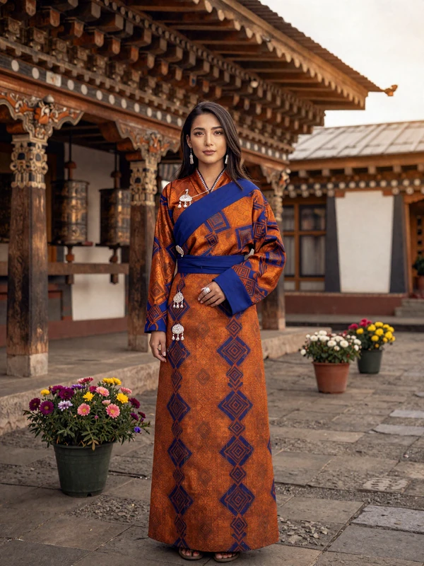 Beautiful Bhutanese woman in elegant traditional kira dress standing in a serene courtyard representing Bhutanese dating culture