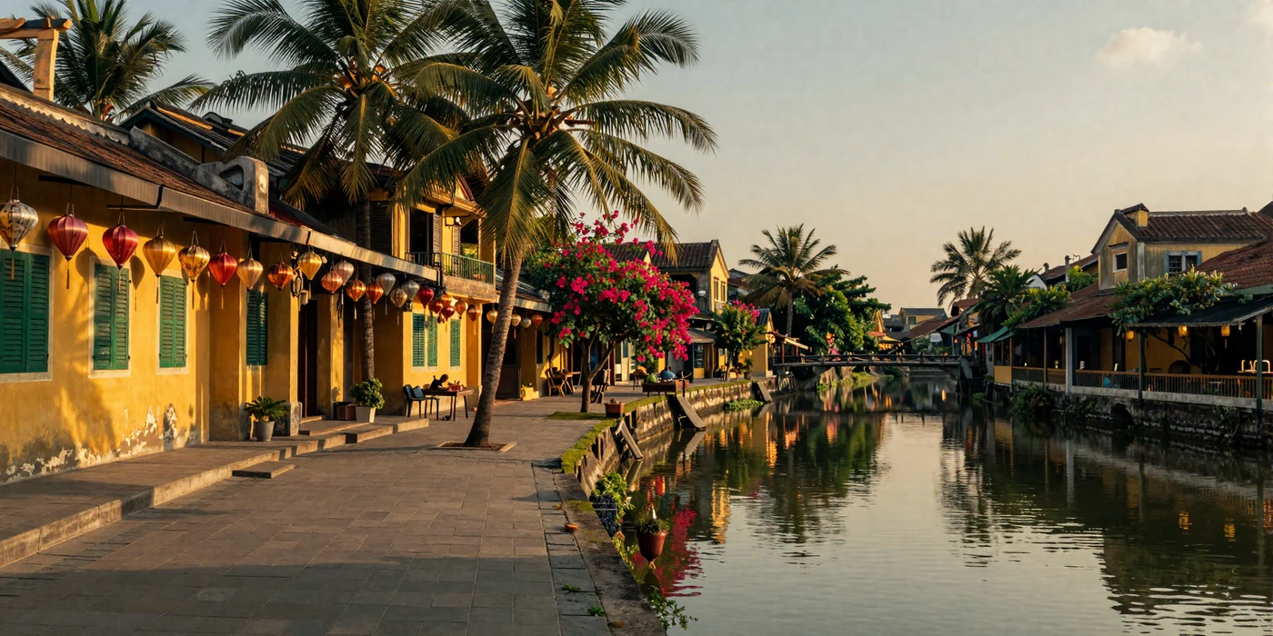 Scenic view of Hoi An ancient town Vietnam with colorful lanterns at golden hour representing Vietnamese culture and heritage