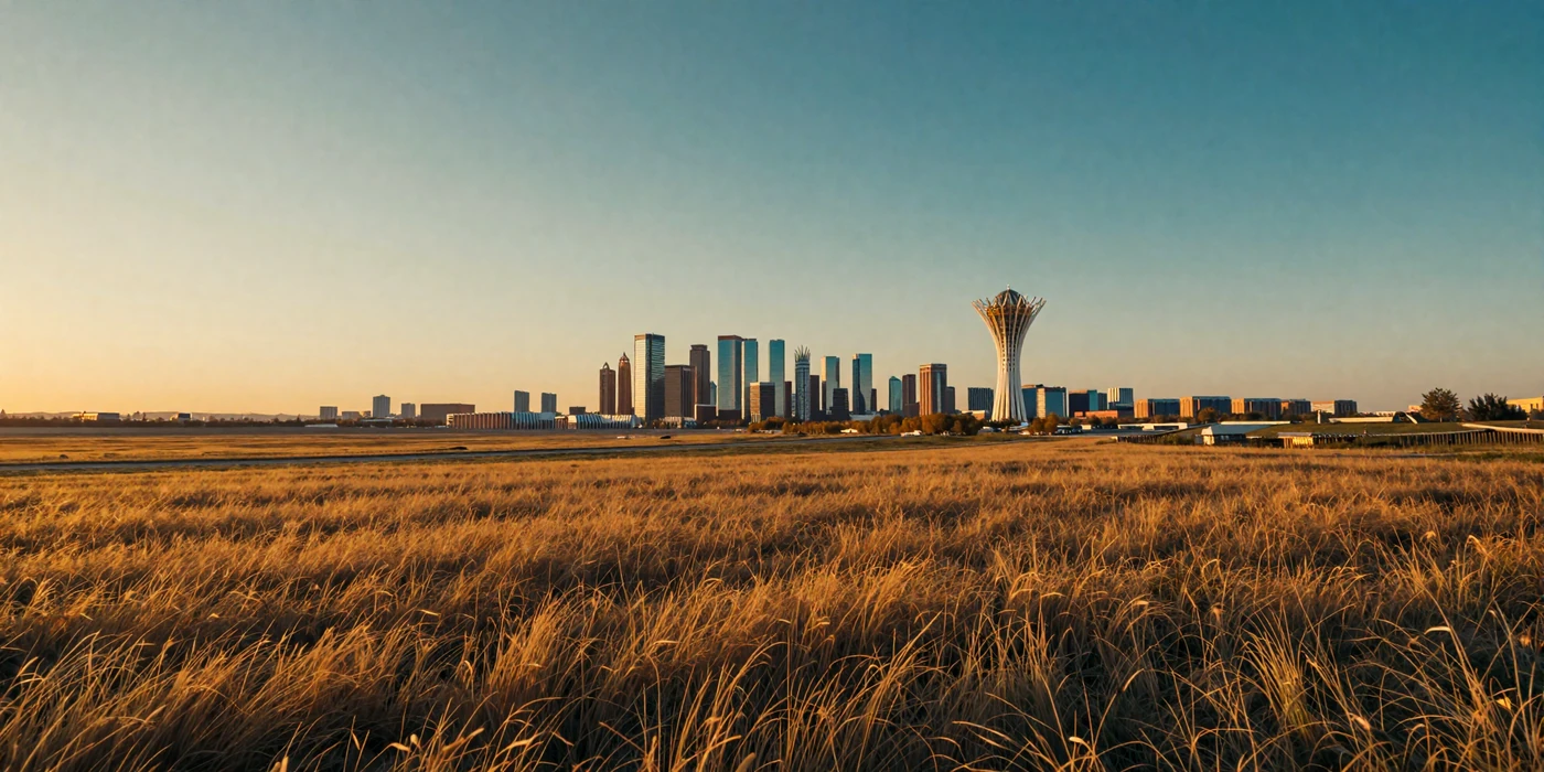 Golden Kazakh steppe landscape at sunset with futuristic Astana skyline in the distance representing modern Kazakhstan cultural heritage