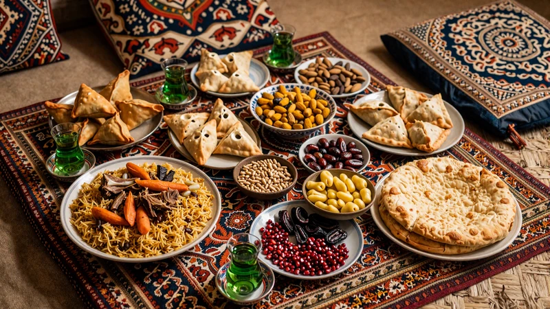 Traditional Tajik feast featuring oshi palov, qurutob, sambusa pastries, fresh naan bread and green tea arranged on a dastarkhan cloth