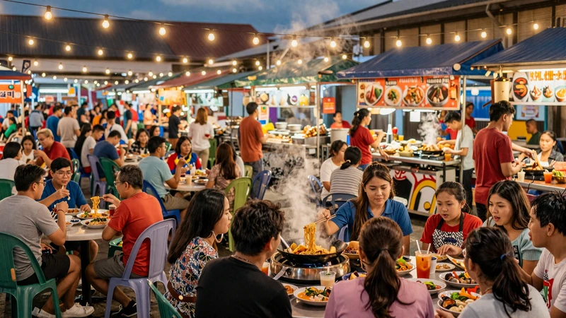 Vibrant Malaysian hawker center at evening with diverse food stalls and multicultural diners sharing meals under warm string lights