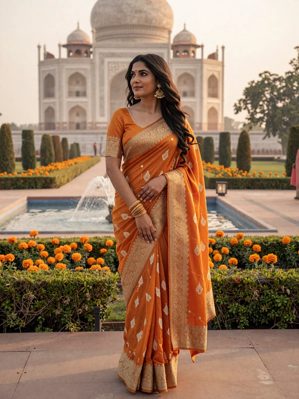 Beautiful Indian woman in elegant saffron Banarasi silk saree standing in a Mughal garden representing Indian dating culture and heritage