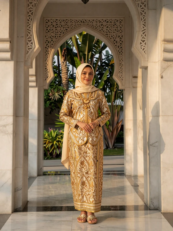 Beautiful Bruneian woman in elegant royal gold songket baju kurung standing in a palatial marble corridor with Islamic arches and tropical garden
