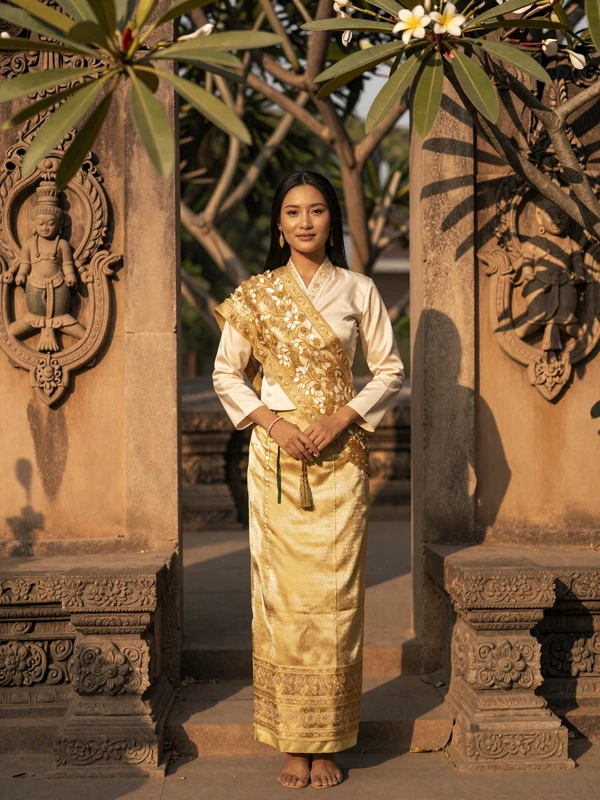 Beautiful Cambodian woman in elegant golden silk sampot standing in a courtyard with ancient Khmer carvings and frangipani trees