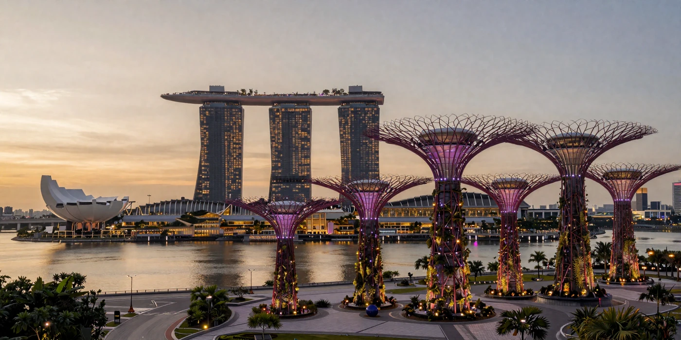 Marina Bay Sands Singapore skyline at golden hour with Gardens by the Bay Supertrees glowing at sunset representing Singapore's modern cosmopolitan culture