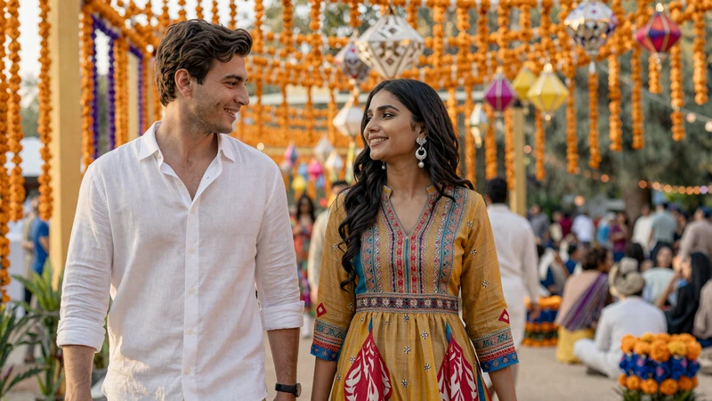 Western man and Indian woman enjoying a cultural festival together, embracing intercultural traditions