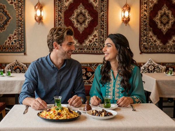 Happy cross-cultural couple enjoying Afghan cuisine together at a restaurant with kabuli pulao and green tea