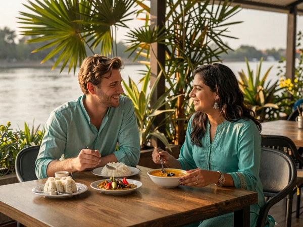 Happy cross-cultural couple enjoying Bengali cuisine together at a riverside cafe