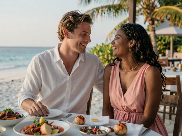 Happy interracial couple sharing Maldivian cuisine at a beachside restaurant