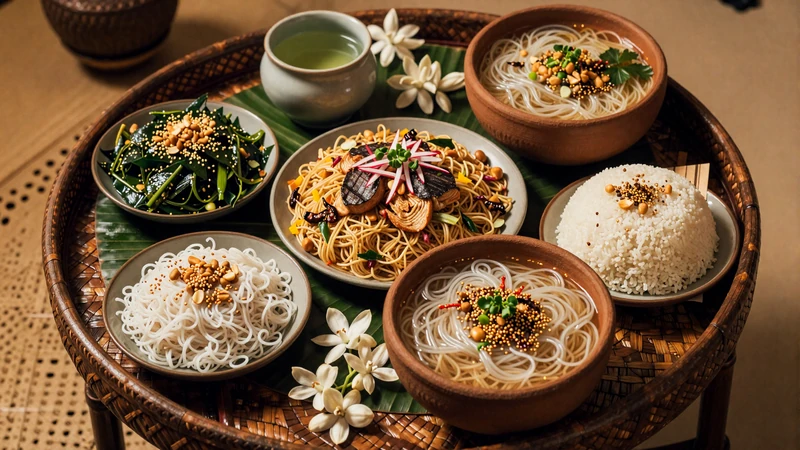 Traditional Burmese feast featuring mohinga fish noodle soup, laphet thoke tea leaf salad, ohn no khao swe coconut noodles and green tea