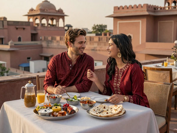 Happy cross-cultural couple enjoying Indian thali dinner together at a rooftop restaurant in Jaipur