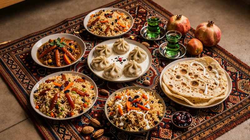 Traditional Afghan feast featuring kabuli pulao, mantu dumplings, bolani flatbread and green tea arranged on a dastarkhan cloth