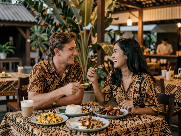 Happy cross-cultural couple enjoying Indonesian cuisine together at a warung restaurant with nasi goreng and satay