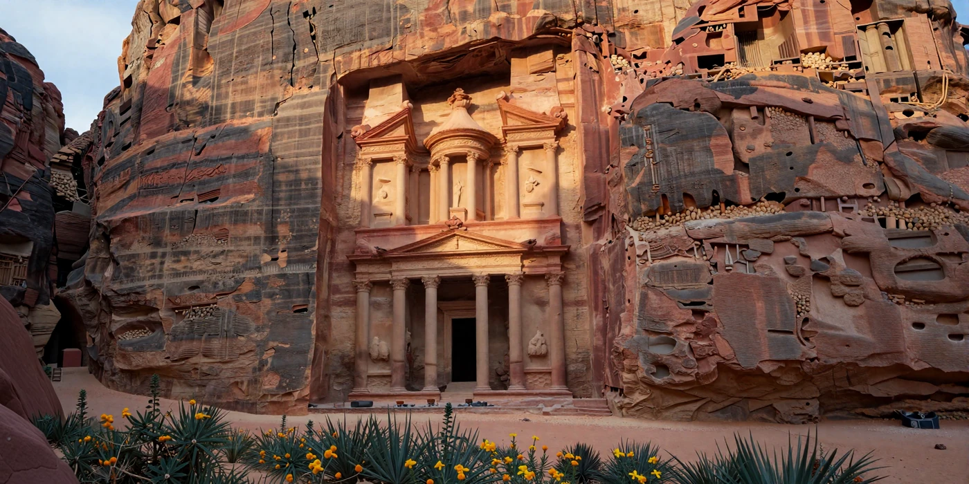 Ancient Treasury of Petra carved into rose-red sandstone cliffs in Jordan at golden hour representing Jordanian cultural heritage