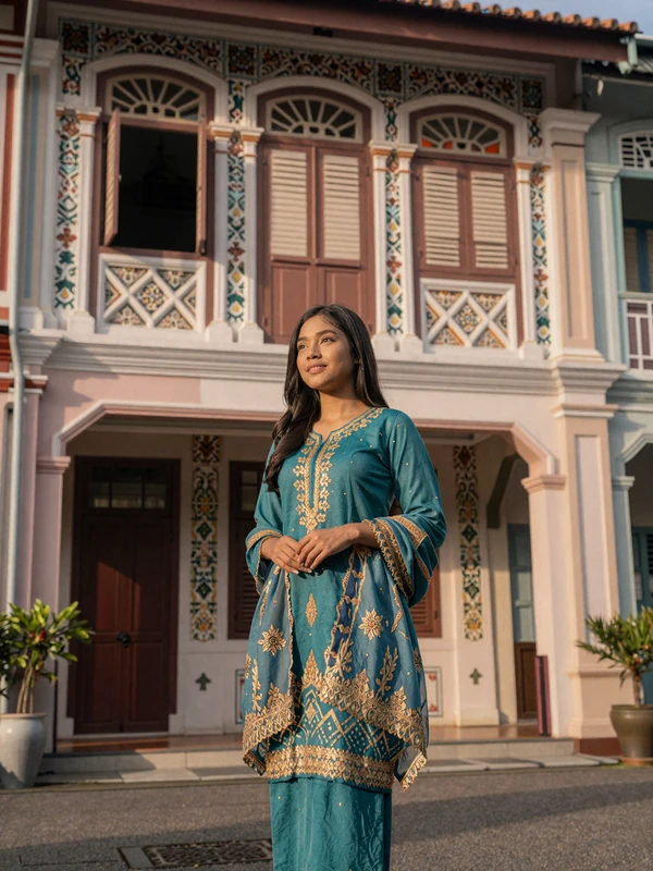 Beautiful Malaysian woman in modern teal baju kurung standing in front of colorful Peranakan heritage shophouse in Georgetown Penang