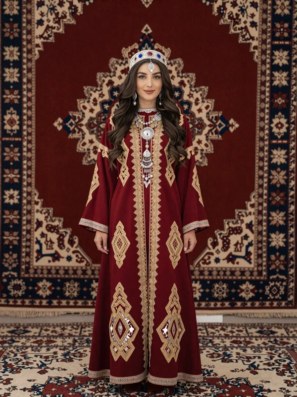 Beautiful Turkmen woman in traditional deep crimson embroidered dress with silver tribal jewelry standing in front of a handwoven Turkmen carpet with gul medallion patterns