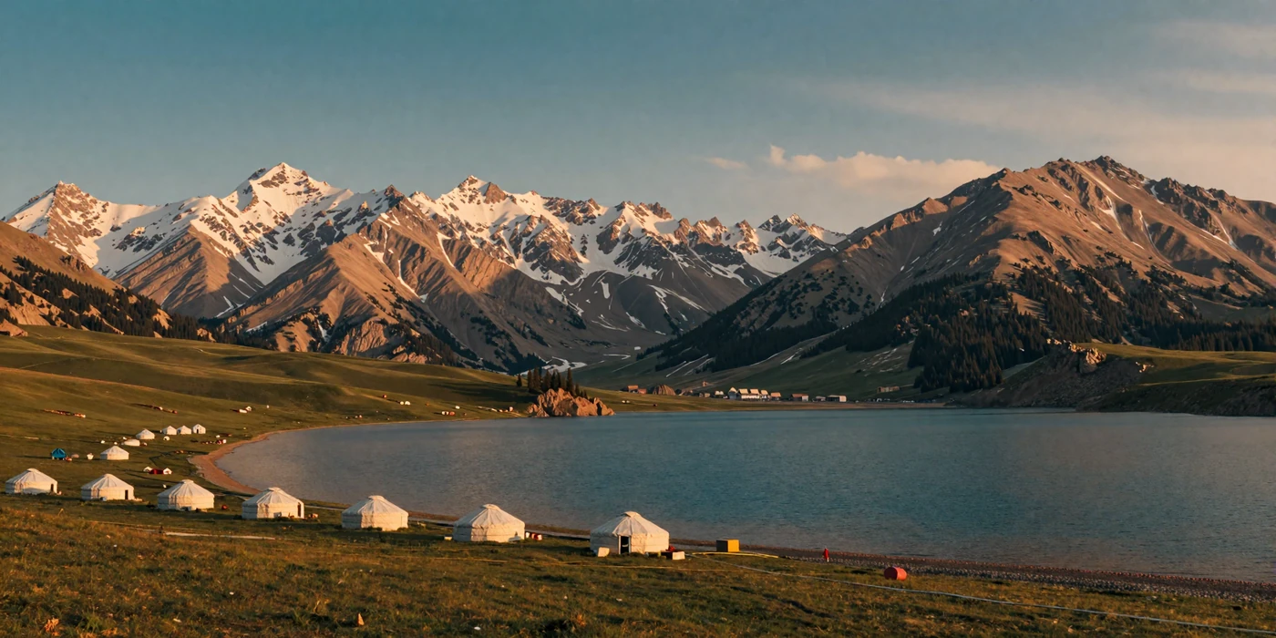 Stunning Issyk-Kul alpine lake in Kyrgyzstan surrounded by snow-capped Tian Shan mountains with traditional yurts on the shore at golden hour
