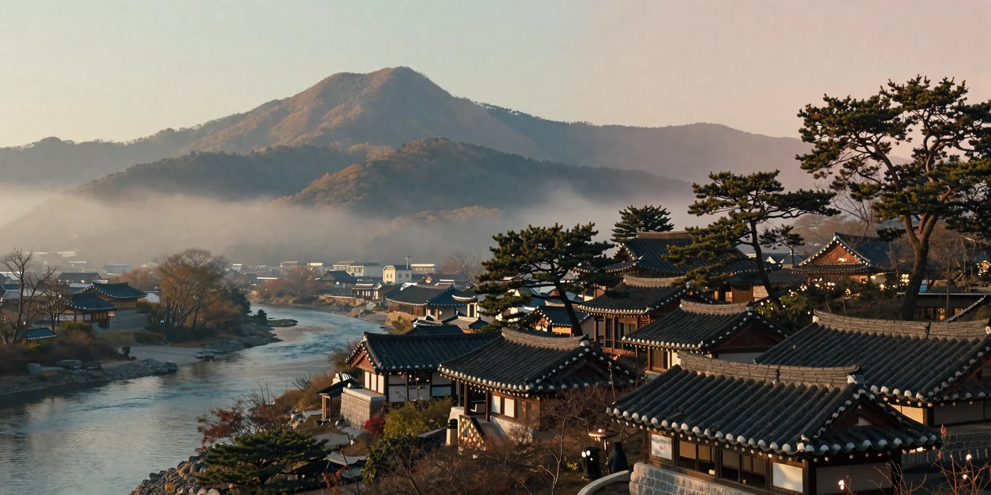Serene Korean mountain landscape with mist-covered peaks and traditional buildings representing Korean cultural heritage