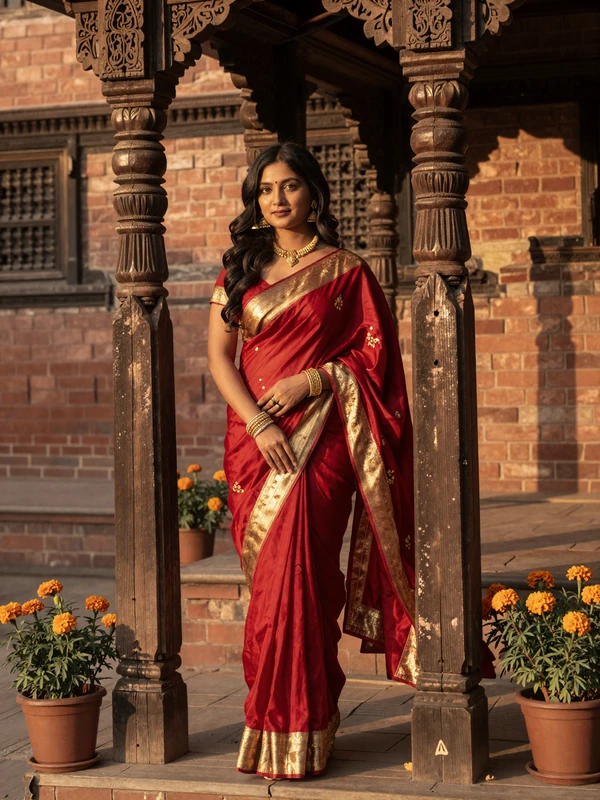 Beautiful Nepali woman in elegant crimson sari standing in a traditional Newari courtyard with marigold flowers representing Nepal dating culture
