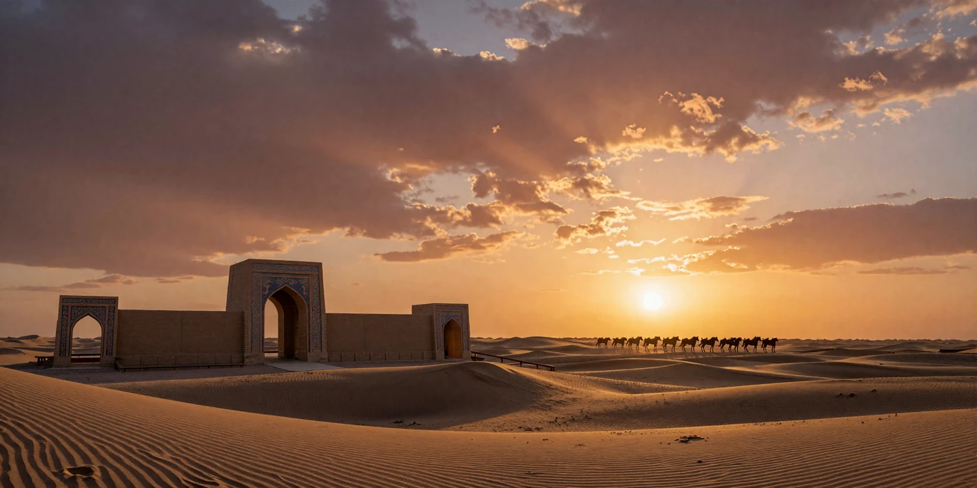Dramatic Karakum desert landscape in Turkmenistan with ancient Merv ruins and Akhal-Teke horses silhouetted at golden hour representing Turkmen cultural heritage