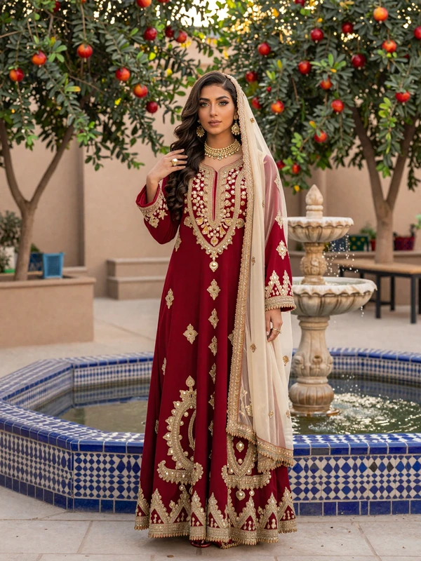 Beautiful Afghan woman in elegant traditional red dress with gold embroidery standing in a courtyard garden with pomegranate trees and blue tiles