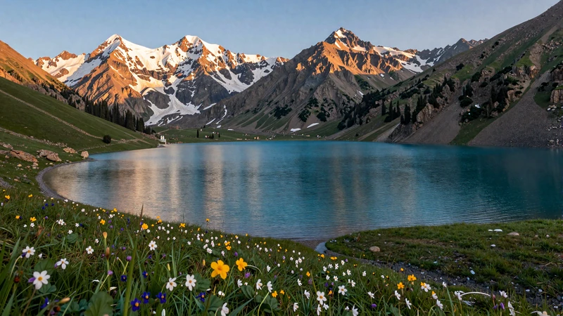 Stunning Iskanderkul Lake in Tajikistan Fann Mountains with turquoise water surrounded by dramatic snow-capped peaks and alpine meadows