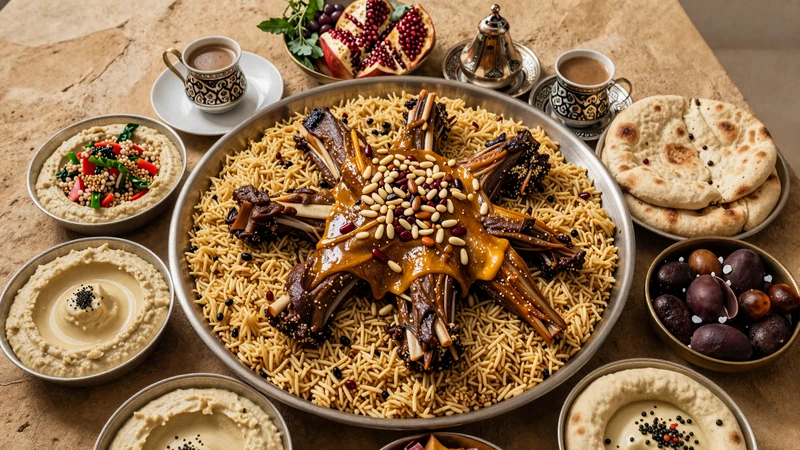 Traditional Jordanian feast featuring mansaf with lamb and rice, hummus, fattoush salad, pita bread, and Arabic coffee on a communal platter